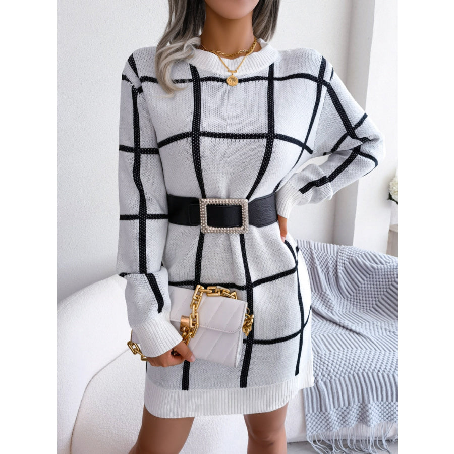 Plaid Round Neck Dropped Shoulder Sweater Dress White / S Apparel and Accessories