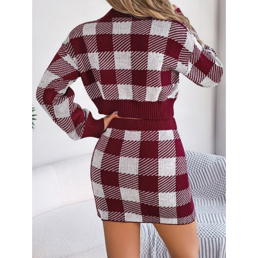 Plaid Round Neck Top and Skirt Sweater Set Apparel and Accessories