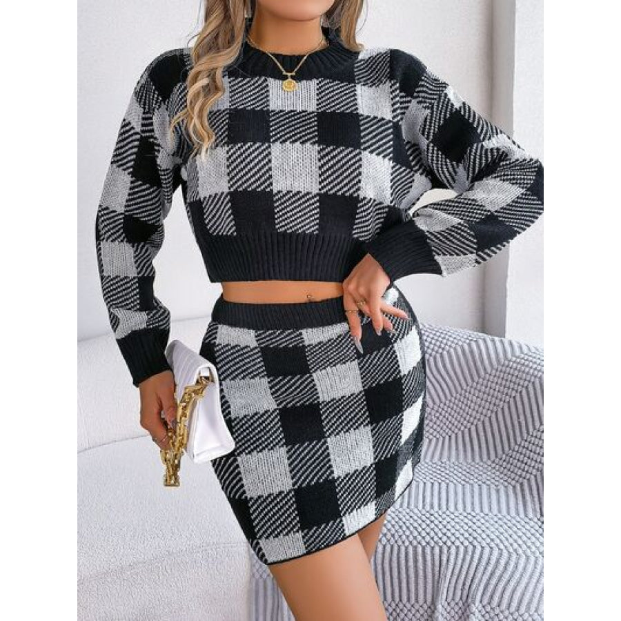 Plaid Round Neck Top and Skirt Sweater Set Apparel and Accessories