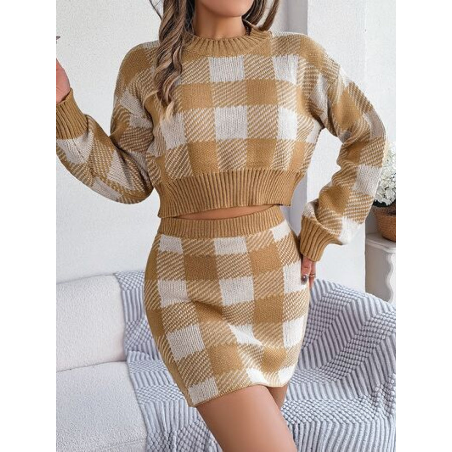 Plaid Round Neck Top and Skirt Sweater Set Tan / S Apparel and Accessories