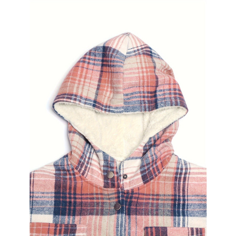 Plaid Snap Down Long Sleeve Hooded Outerwear Apparel and Accessories