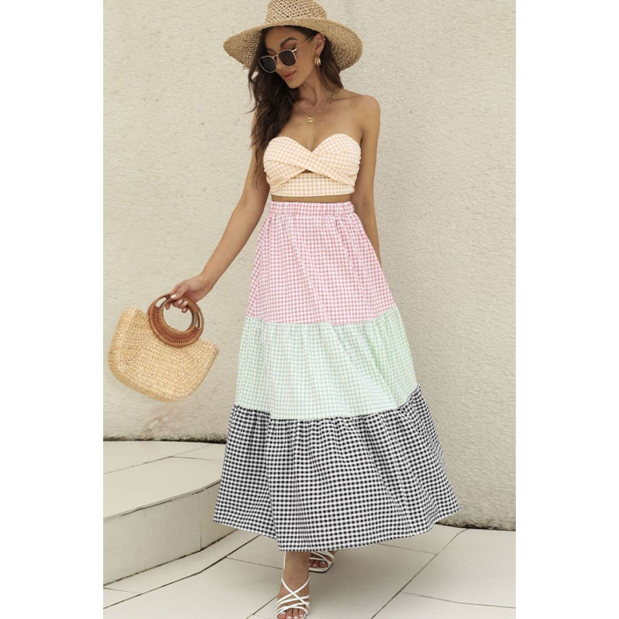Plaid Strapless Top and Tiered Skirt Set Multicolor / S