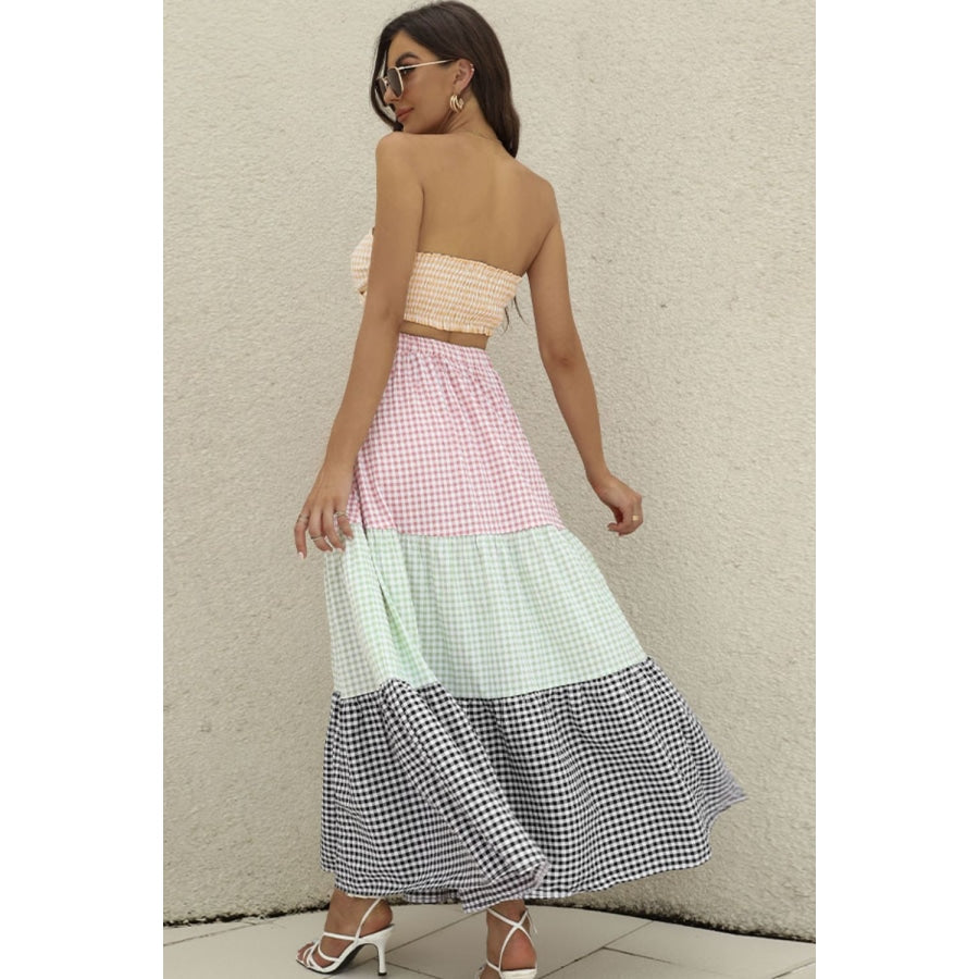 Plaid Strapless Top and Tiered Skirt Set Multicolor / S