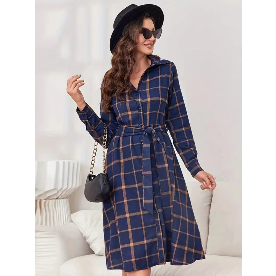 Plaid Tie Waist Long Sleeve Dress Apparel and Accessories