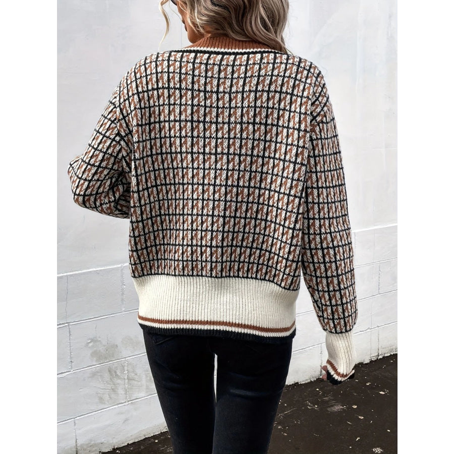 Plaid V-Neck Button Up Cardigan Caramel / One Size Apparel and Accessories