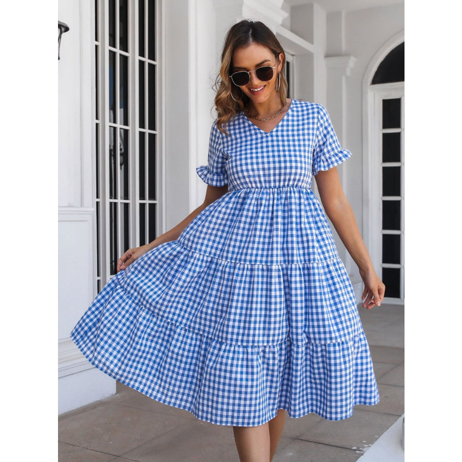 Plaid V-Neck Short Sleeve Midi Dress Apparel and Accessories