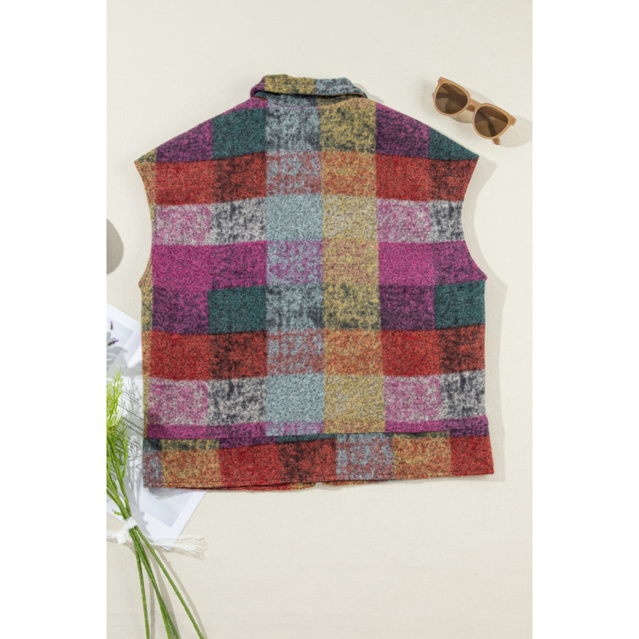 Plaid Zip Up Collared Neck Vest Coat Apparel and Accessories
