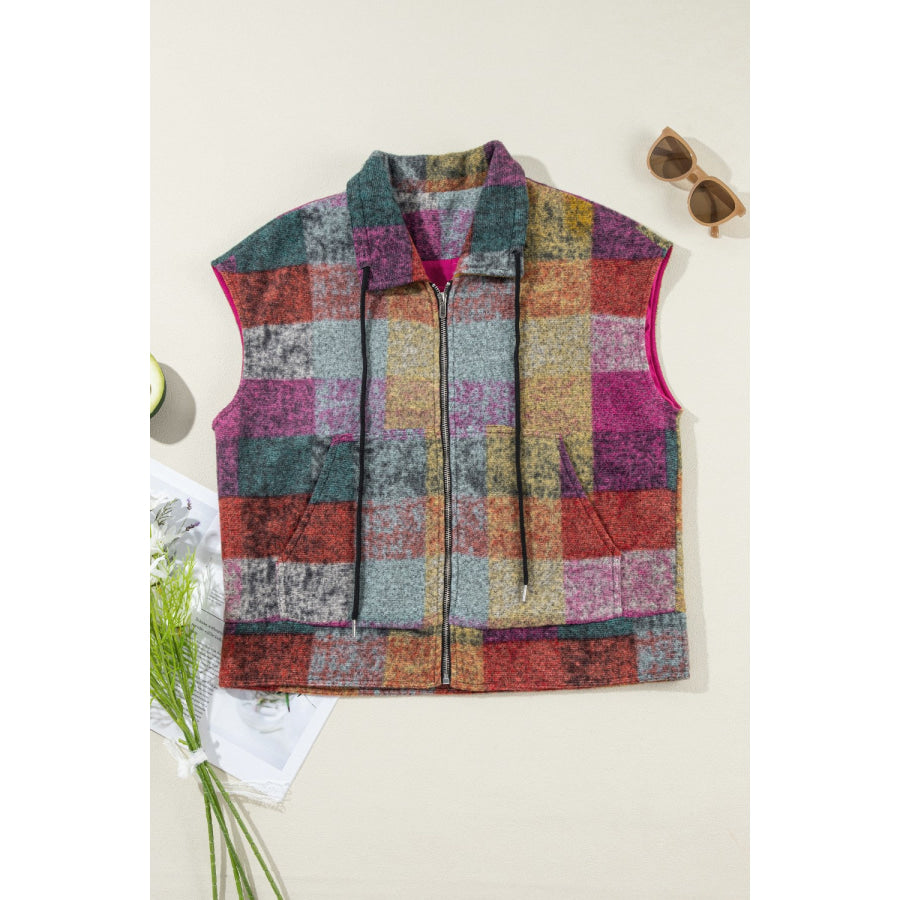 Plaid Zip Up Collared Neck Vest Coat Apparel and Accessories
