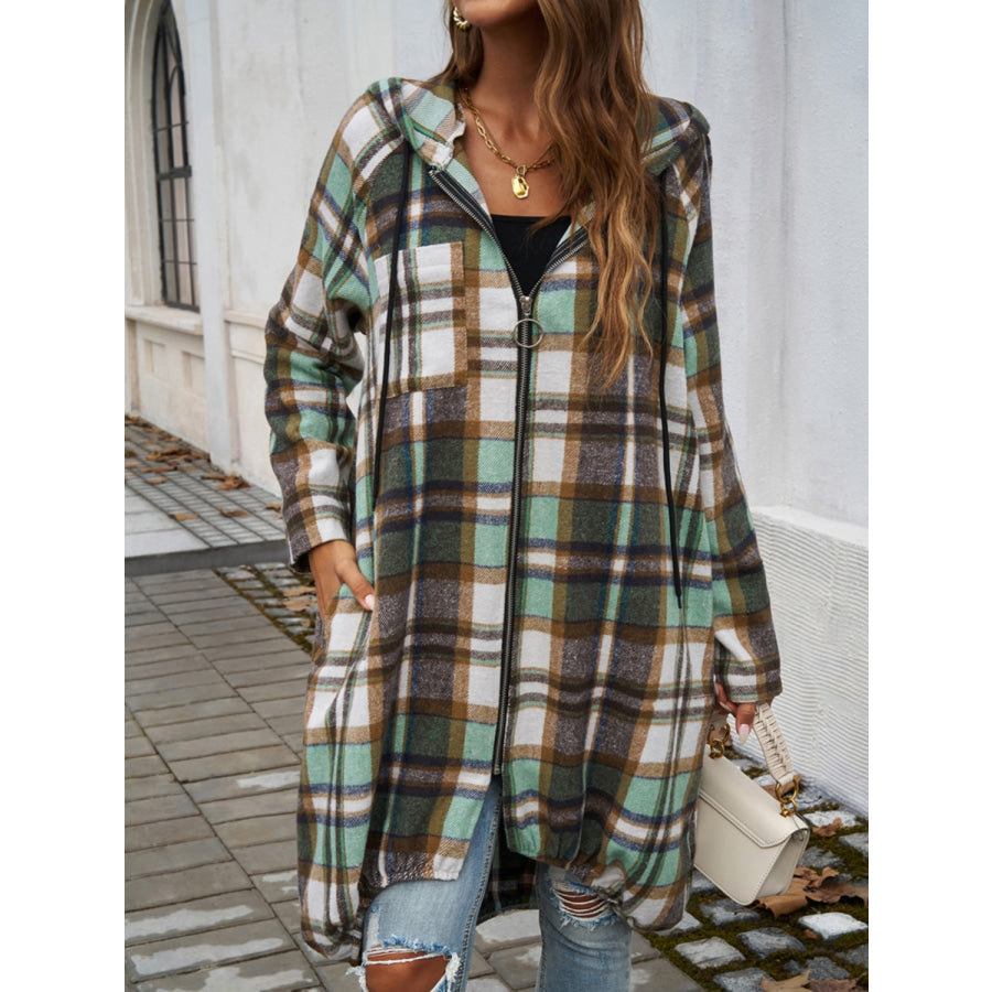 Plaid Zip Up Hooded Coat Apparel and Accessories