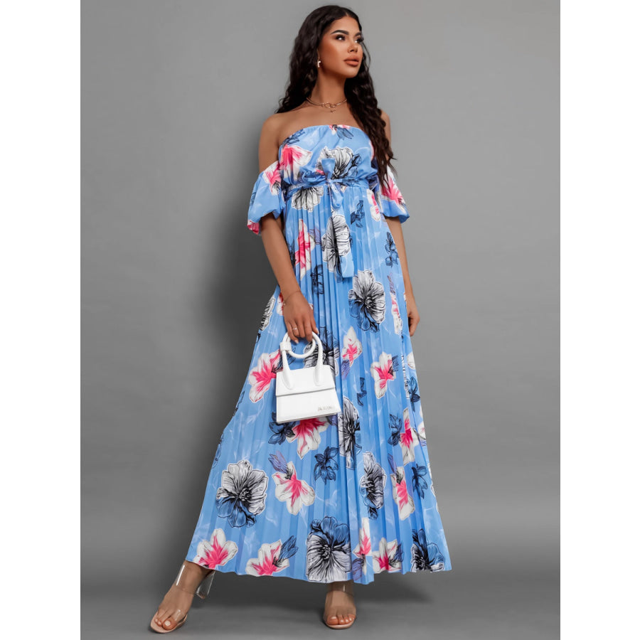Pleated Floral Off-Shoulder Short Sleeve Midi Dress Sky Blue / S Apparel and Accessories