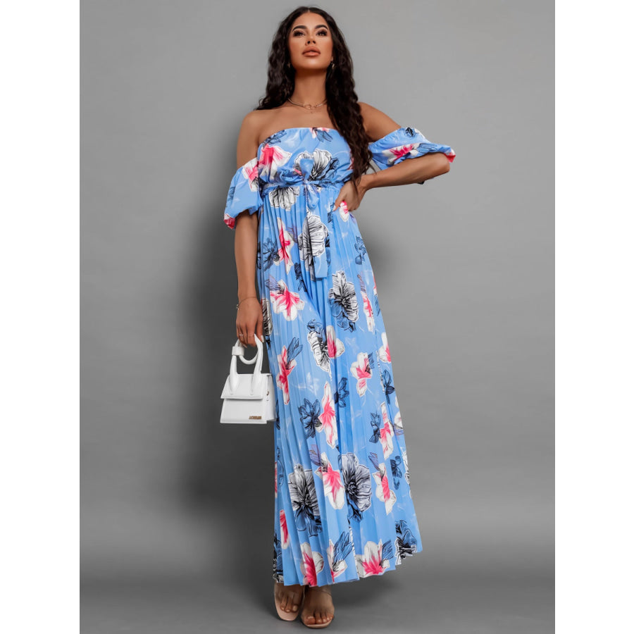 Pleated Floral Off-Shoulder Short Sleeve Midi Dress Sky Blue / S Apparel and Accessories