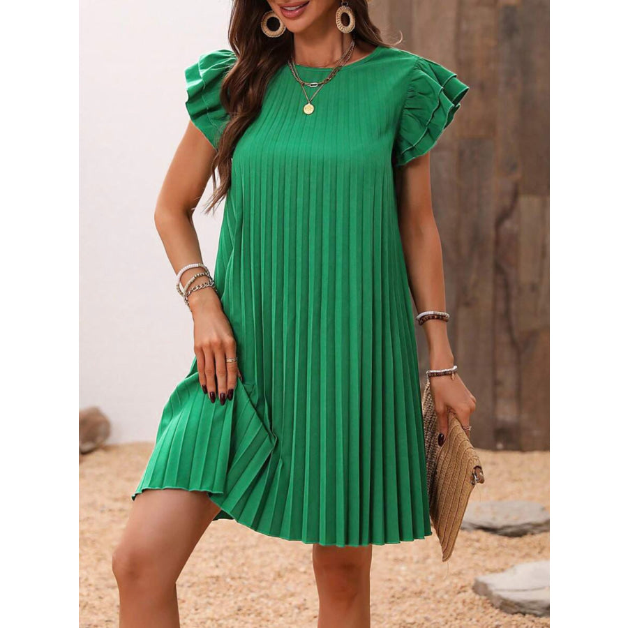 Pleated Round Neck Cap Sleeve Mini Dress Dark Green / S Apparel and Accessories