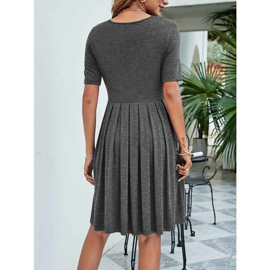 Pleated V-Neck Short Sleeve Tee Dress Dark Gray / S
