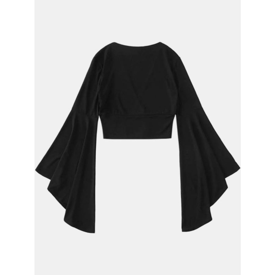 Plunge Flare Sleeve Cropped Top Black / S Apparel and Accessories