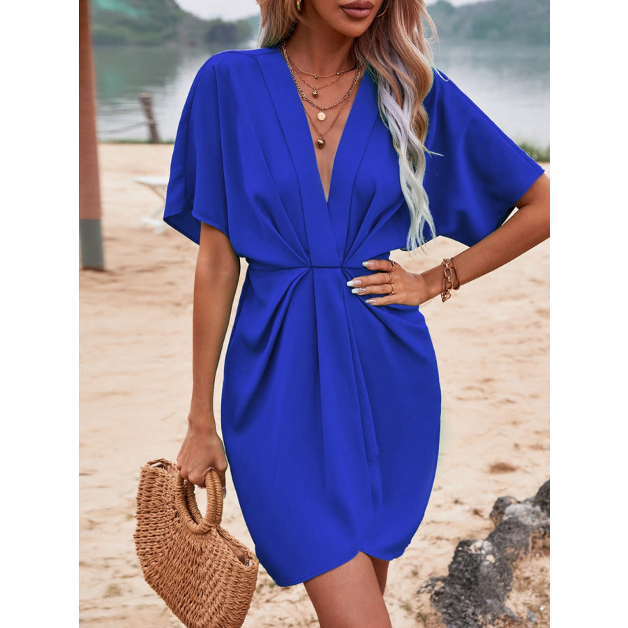 Plunge Short Sleeve Mini Dress Apparel and Accessories