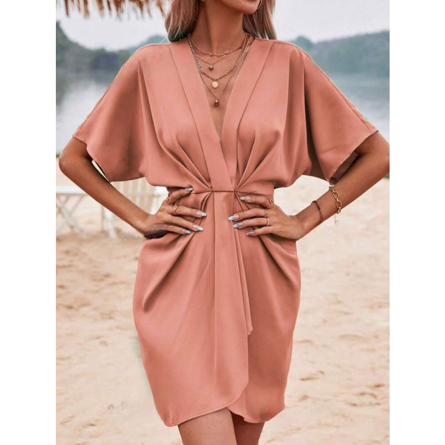 Plunge Short Sleeve Mini Dress Pale Blush / S Apparel and Accessories