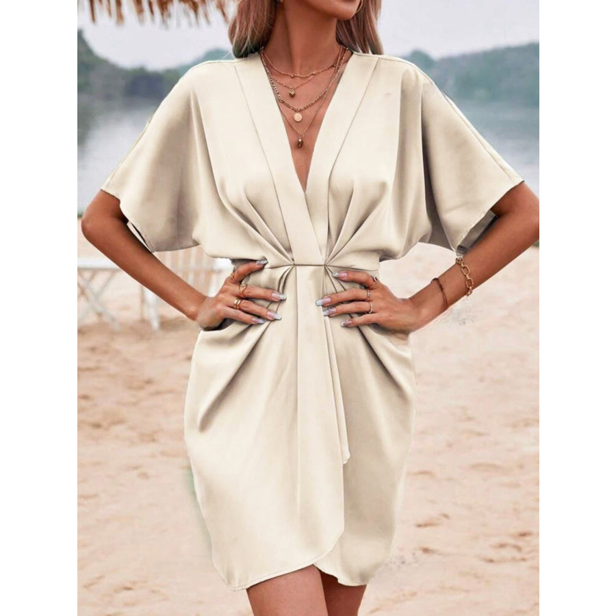 Plunge Short Sleeve Mini Dress Beige / S Apparel and Accessories