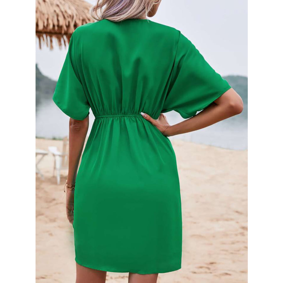 Plunge Short Sleeve Mini Dress Green / S Apparel and Accessories