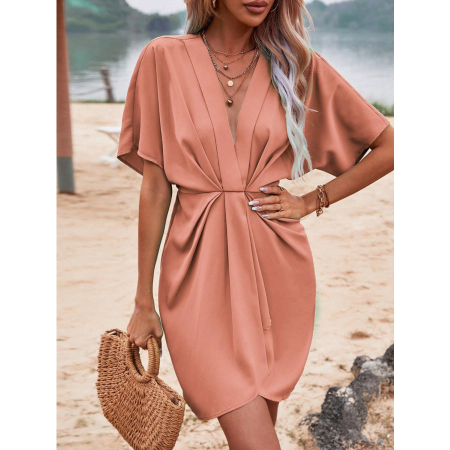 Plunge Short Sleeve Mini Dress Pale Blush / S Apparel and Accessories