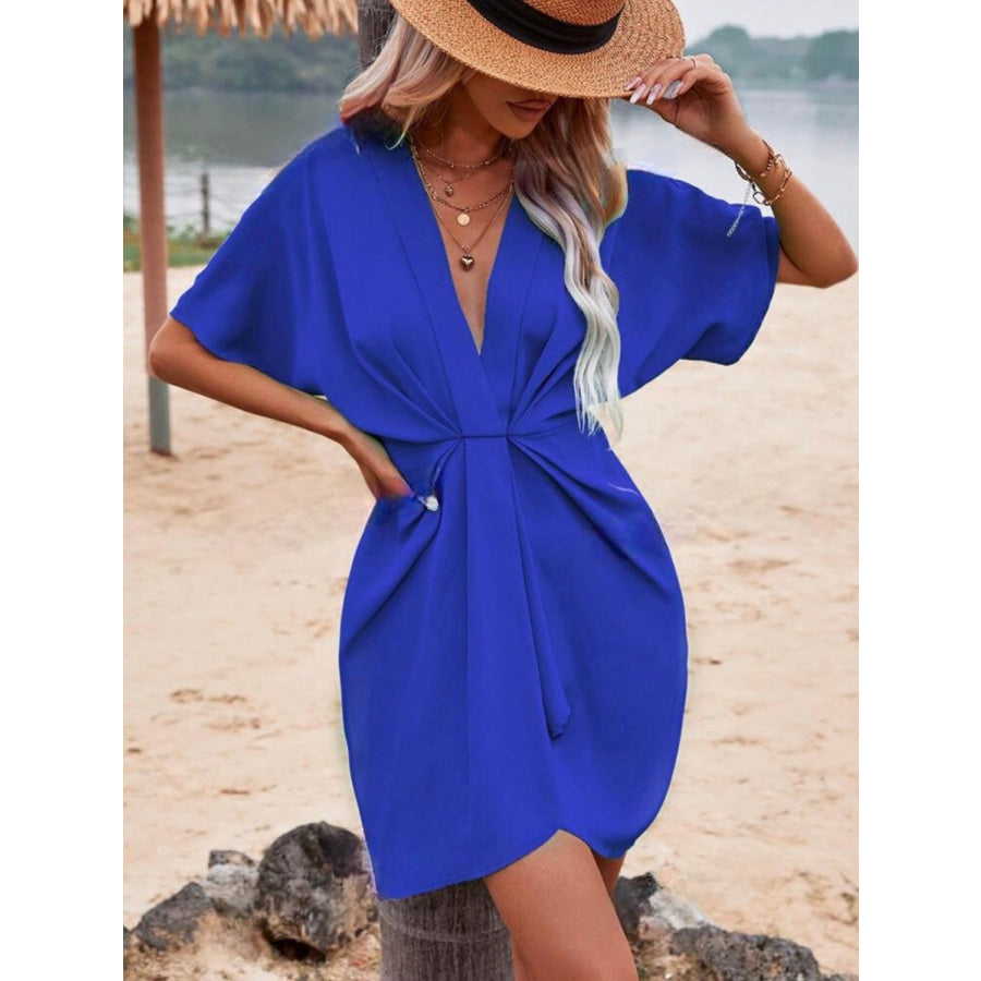 Plunge Short Sleeve Mini Dress Royal Blue / S Apparel and Accessories