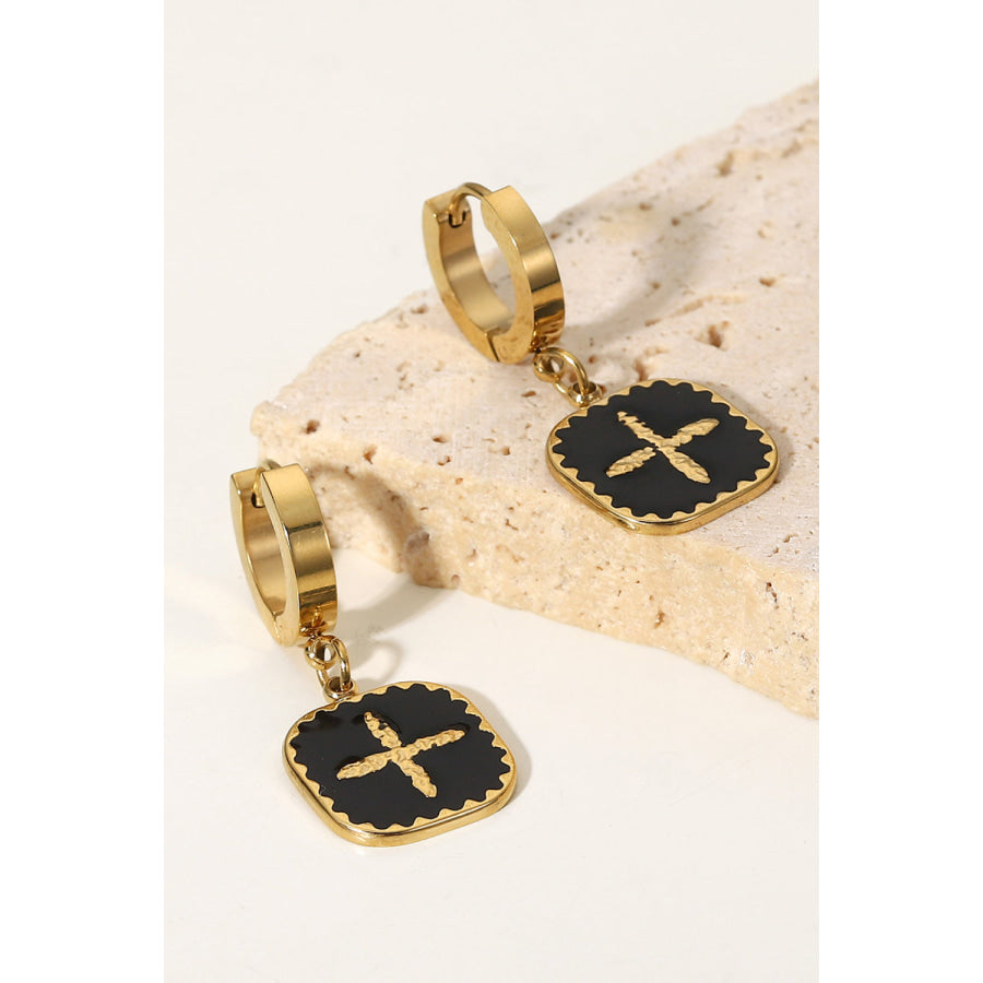Plus Sign Square Shape Drop Earrings Black/Gold / One Size Apparel and Accessories