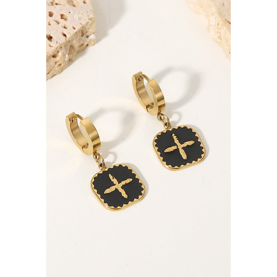 Plus Sign Square Shape Drop Earrings Black/Gold / One Size Apparel and Accessories
