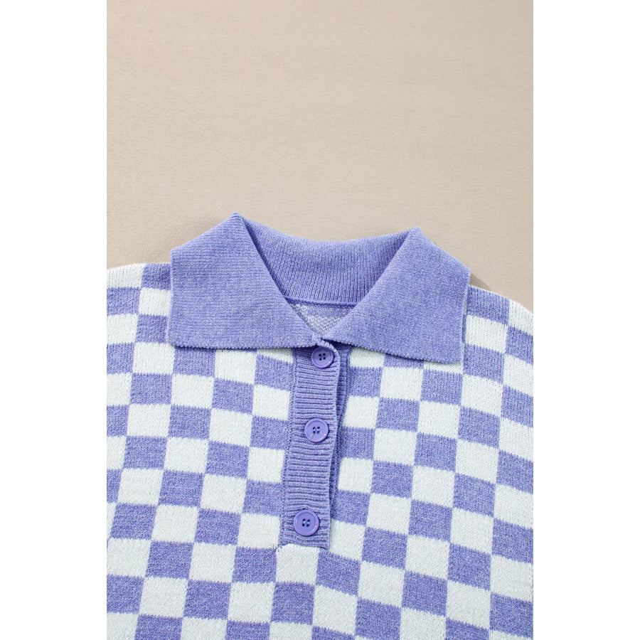 Plus Size Checkered Collared Neck Long Sleeve Sweater Apparel and Accessories