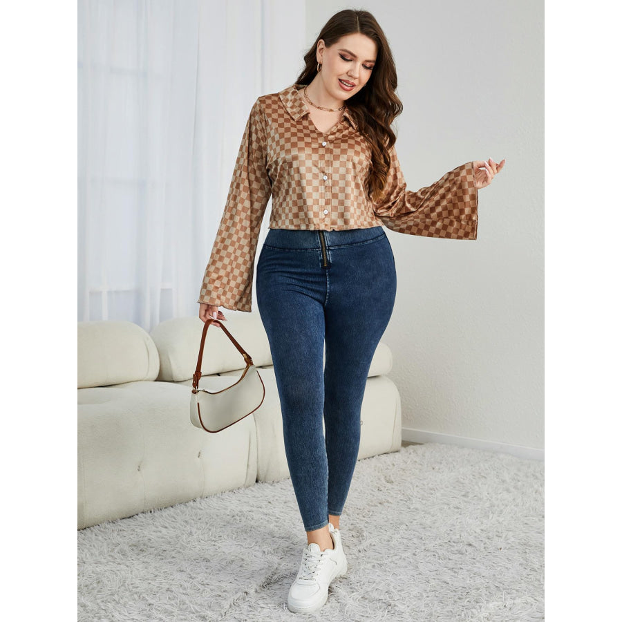 Plus Size Checkered Johnny Collar Flare Sleeve Shirt