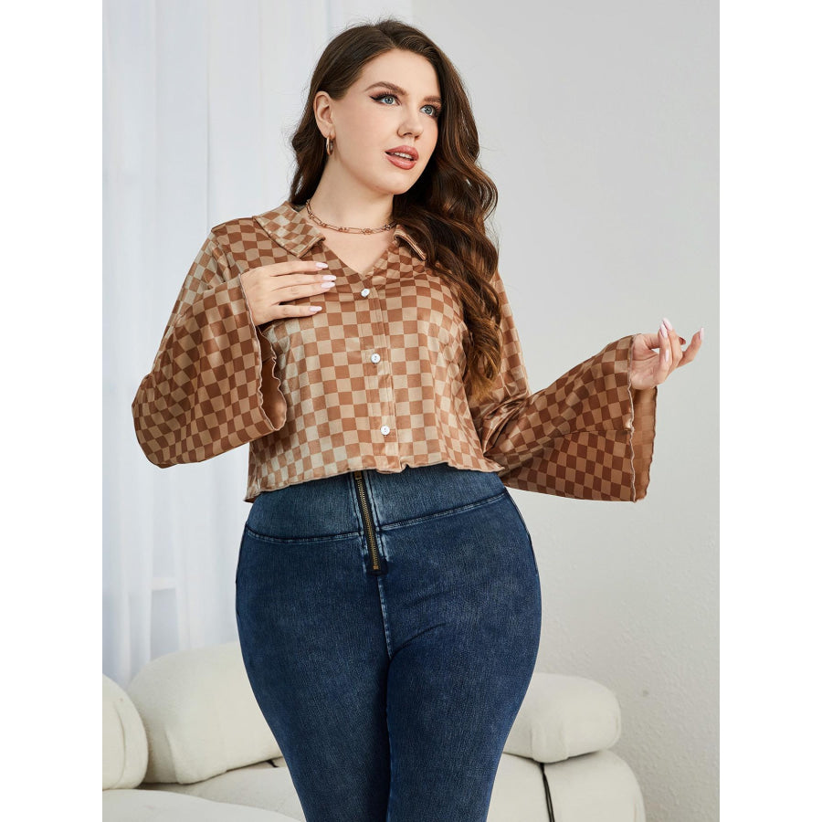 Plus Size Checkered Johnny Collar Flare Sleeve Shirt