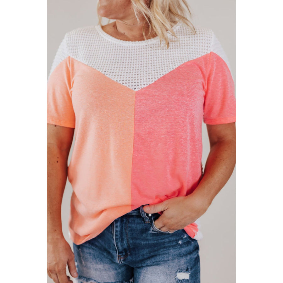Plus Size Color Block Round Neck Short Sleeve T-Shirt Sherbet / 1XL Apparel and Accessories