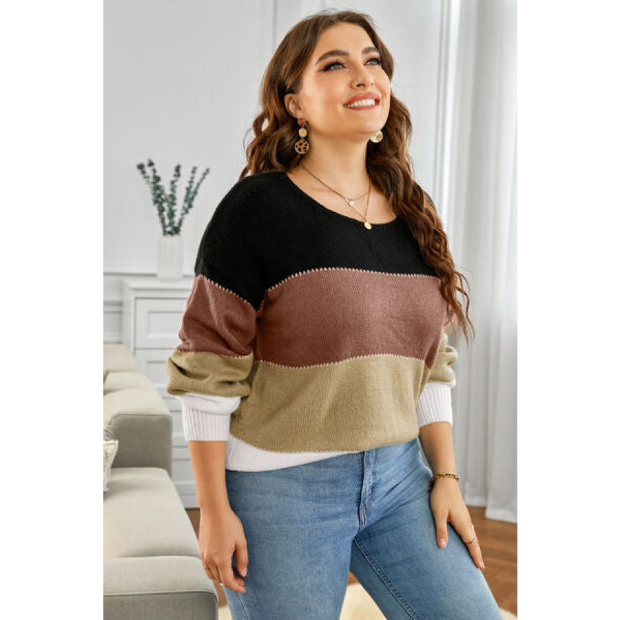 Plus Size Color Block Round Neck Sweater Black / 1XL Apparel and Accessories