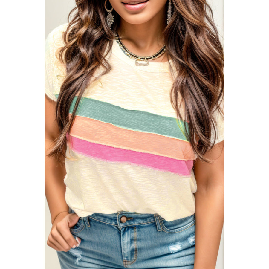 Plus Size Color Block Short Sleeve T-Shirt Light Yellow / 1X Apparel and Accessories