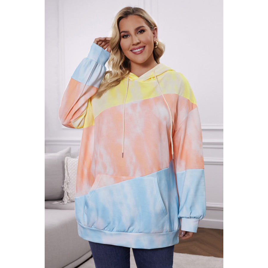 Plus Size Drawstring Color Block Dropped Shoulder Hoodie Apparel and Accessories