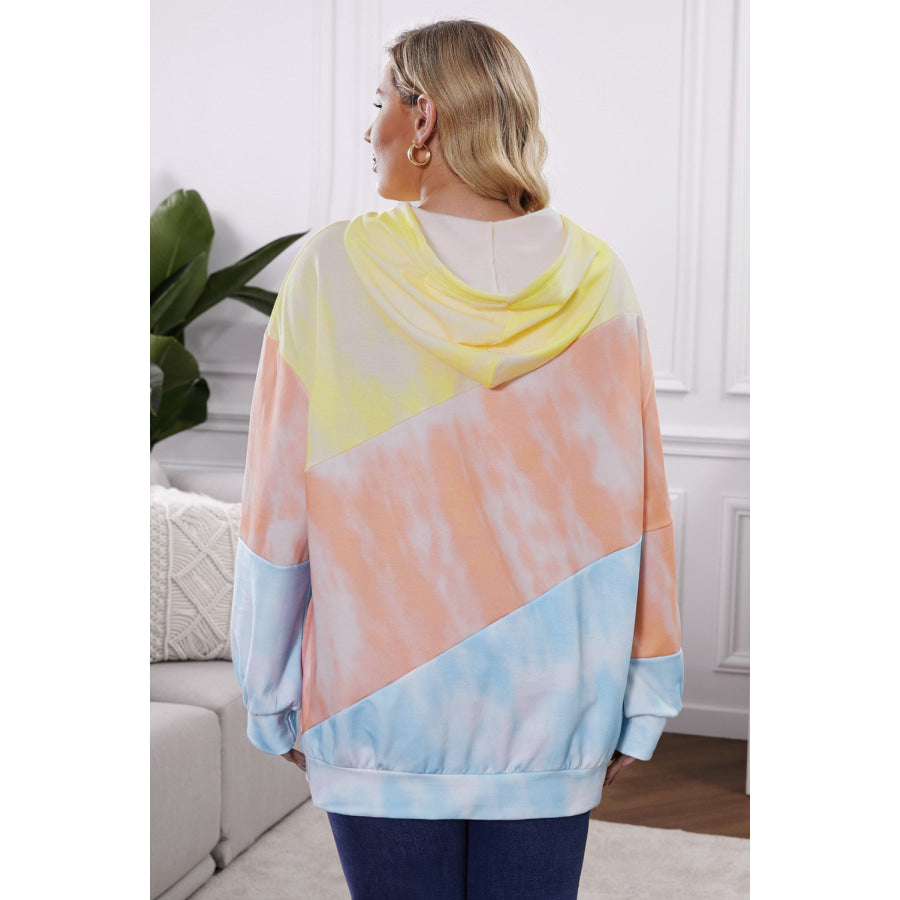 Plus Size Drawstring Color Block Dropped Shoulder Hoodie Apparel and Accessories