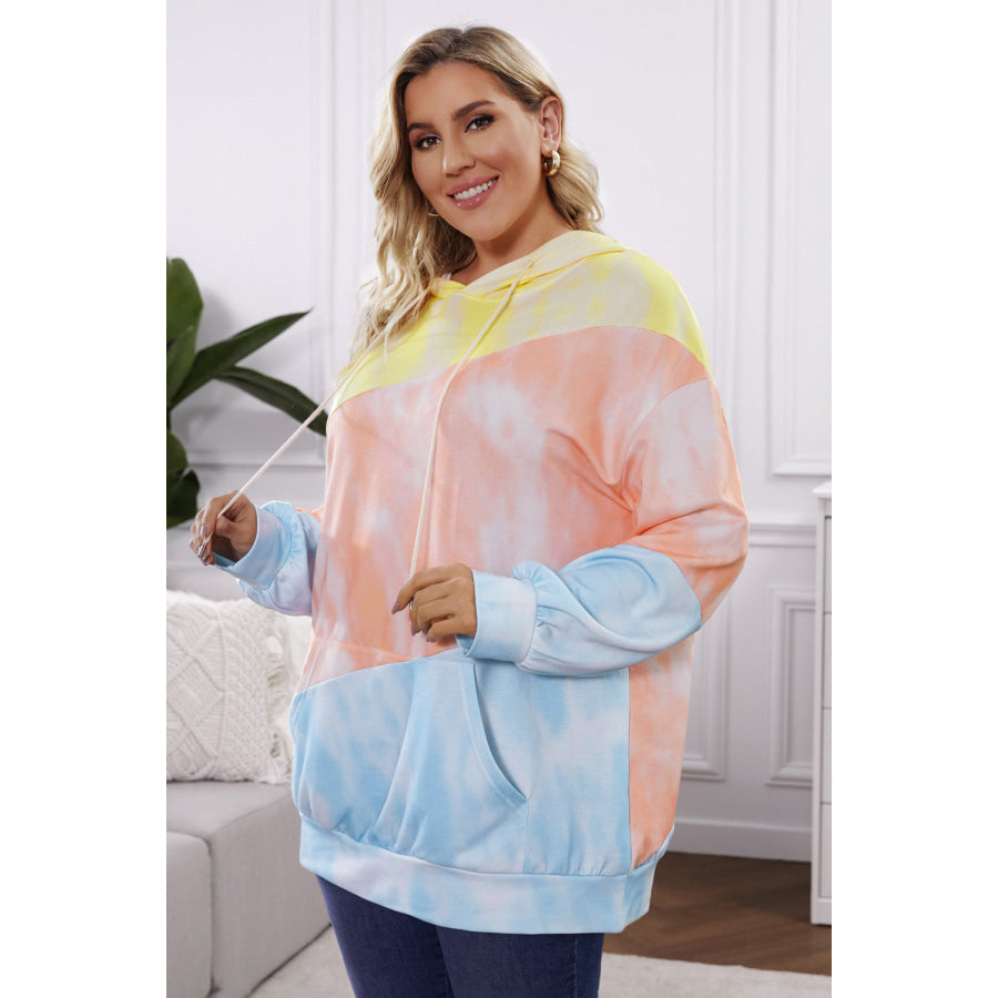 Plus Size Drawstring Color Block Dropped Shoulder Hoodie Misty Blue / 1X Apparel and Accessories