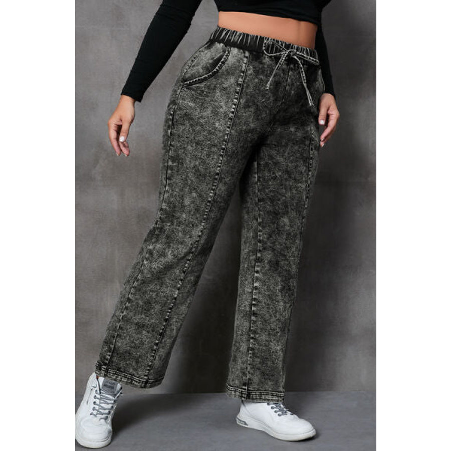 Plus Size Drawstring Pocketed Straight Jeans Clothing