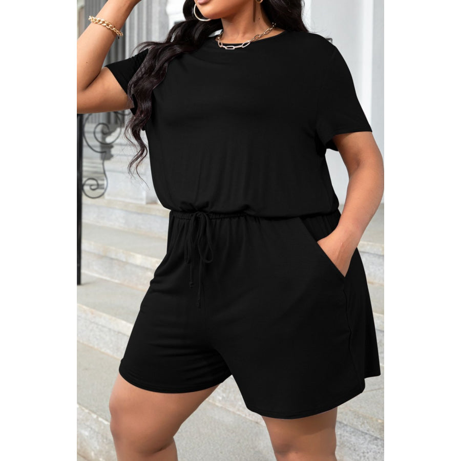 Plus Size Drawstring Waist Romper with Pockets Black / 0X