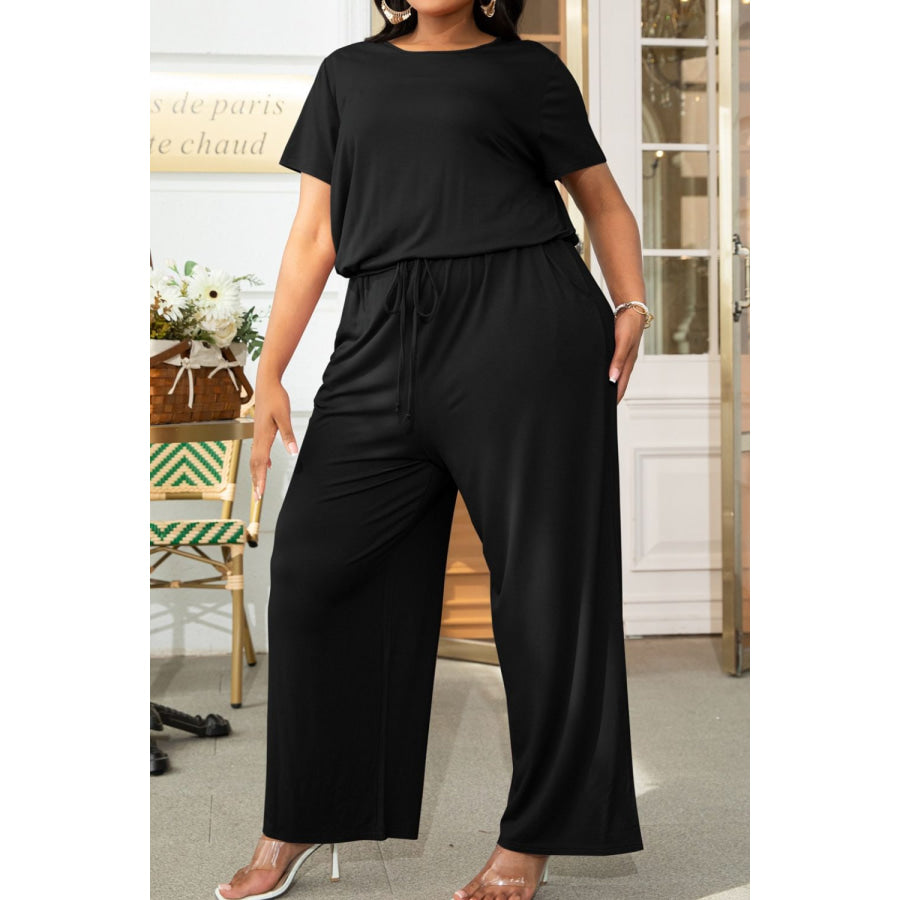 Plus Size Drawstring Waist Short Sleeve Jumpsuit Black / 0X