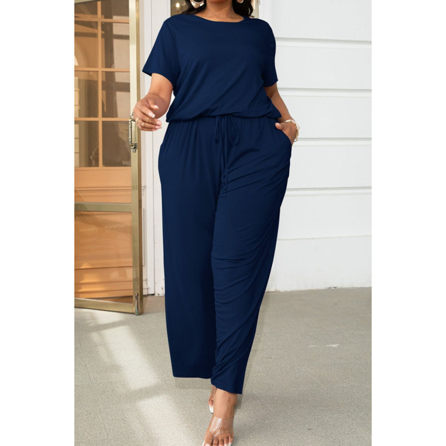 Plus Size Drawstring Waist Short Sleeve Jumpsuit