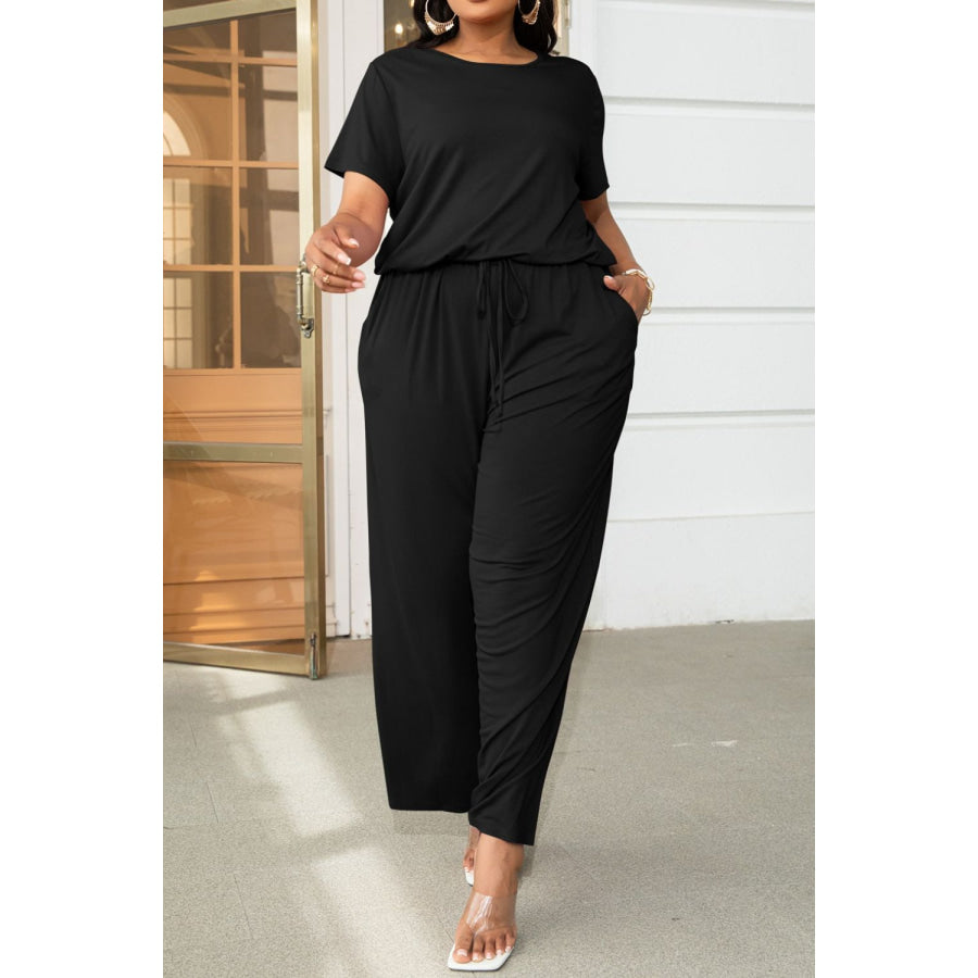 Plus Size Drawstring Waist Short Sleeve Jumpsuit