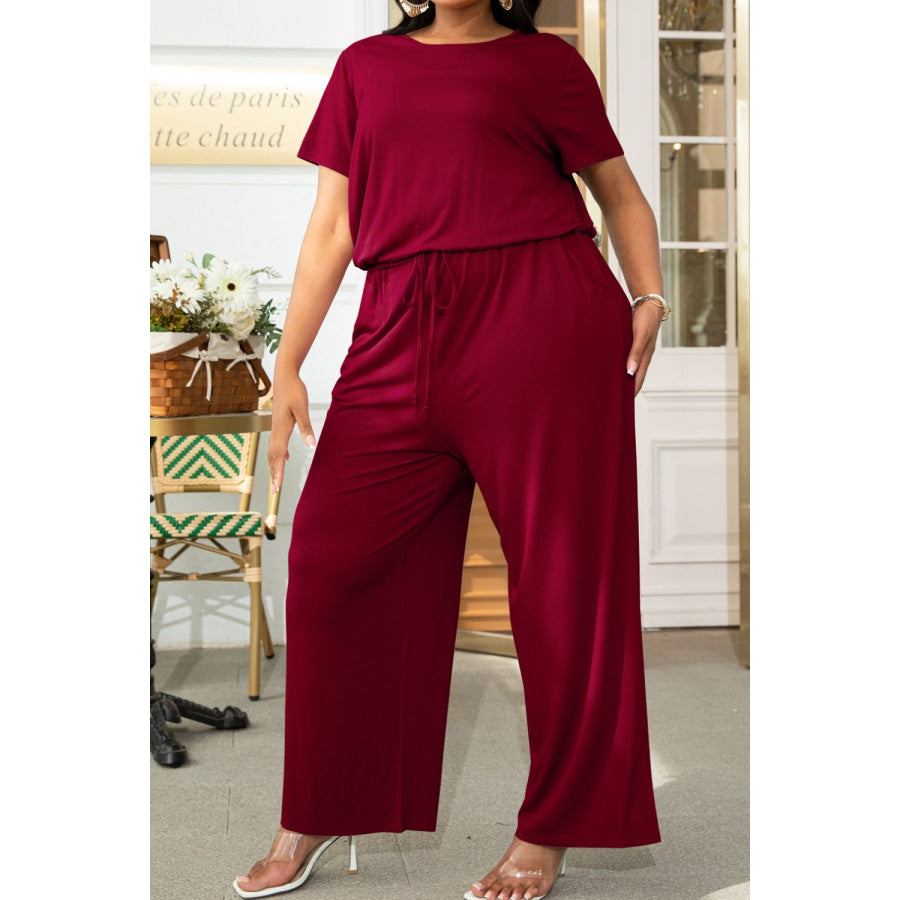 Plus Size Drawstring Waist Short Sleeve Jumpsuit Wine / 0X