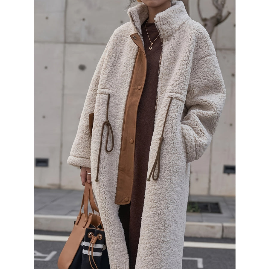 Plus Size Drawstring Zip Up Turtleneck Sherpa Coat Apparel and Accessories