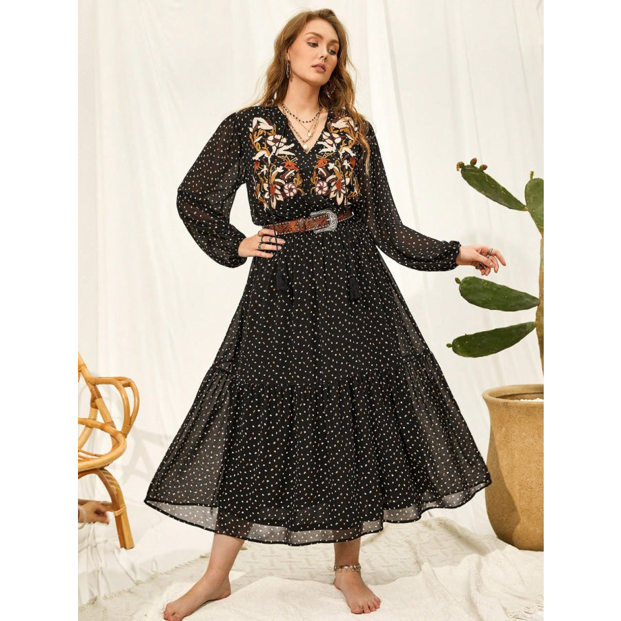 Plus Size Embroidered Tassel Balloon Sleeve Dress Apparel and Accessories