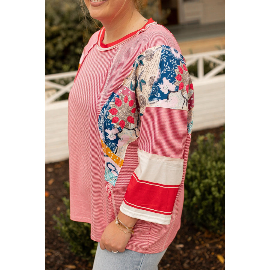 Plus Size Exposed Seam Printed Striped Round Neck Sweatshirt Scarlet / 1X Apparel and Accessories