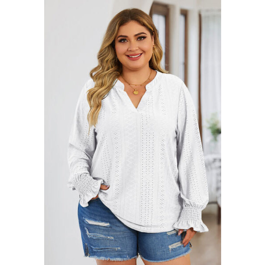 Plus Size Eyelet Notched Flounce Sleeve Blouse White / 1XL Apparel and Accessories