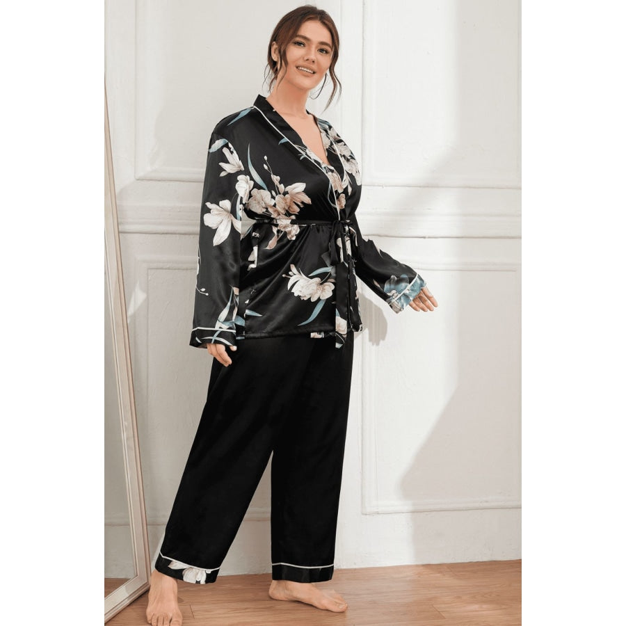 Plus Size Floral Belted Robe and Pants Pajama Set Black / 1XL