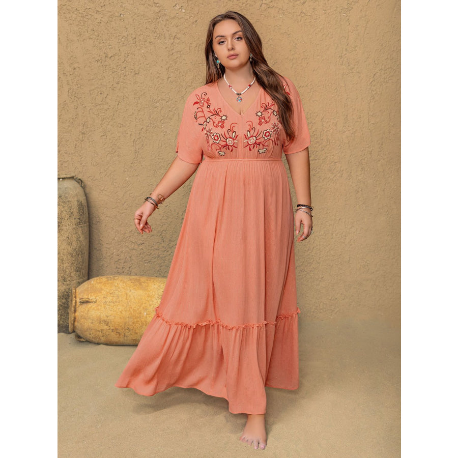 Plus Size Frill Embroidered V-Neck Half Sleeve Maxi Dress Coral / 0XL Apparel and Accessories