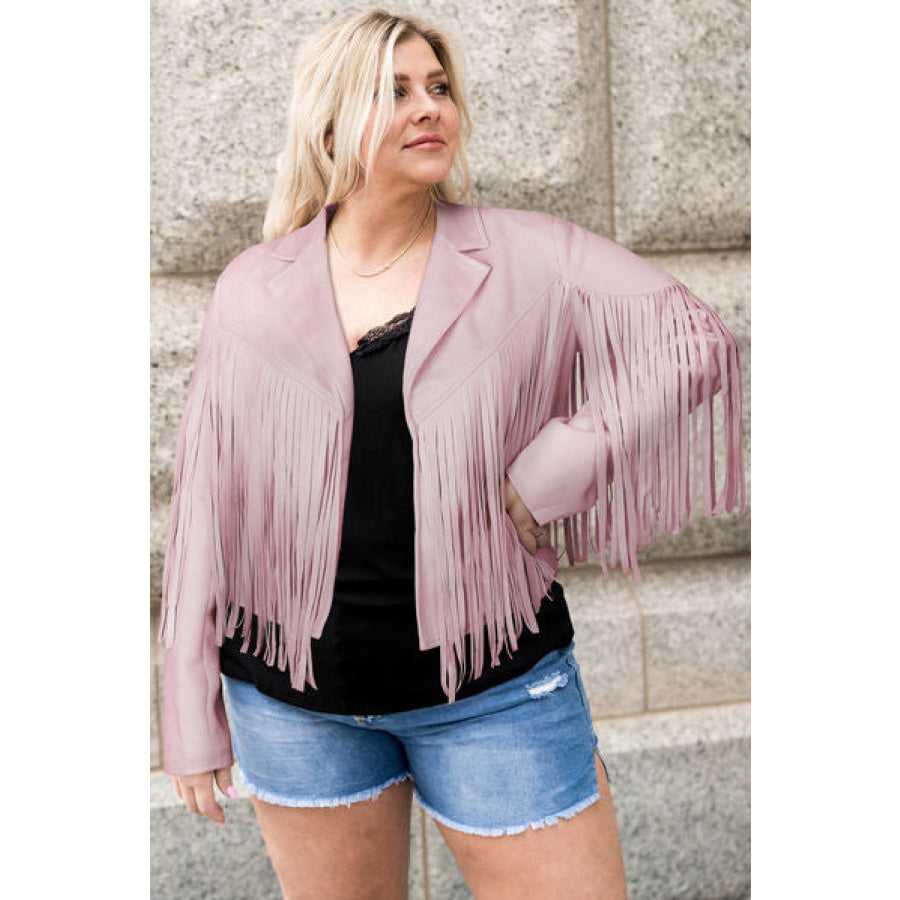 Plus Size Fringe Open Front Jacket Blush Pink / 1XL Apparel and Accessories