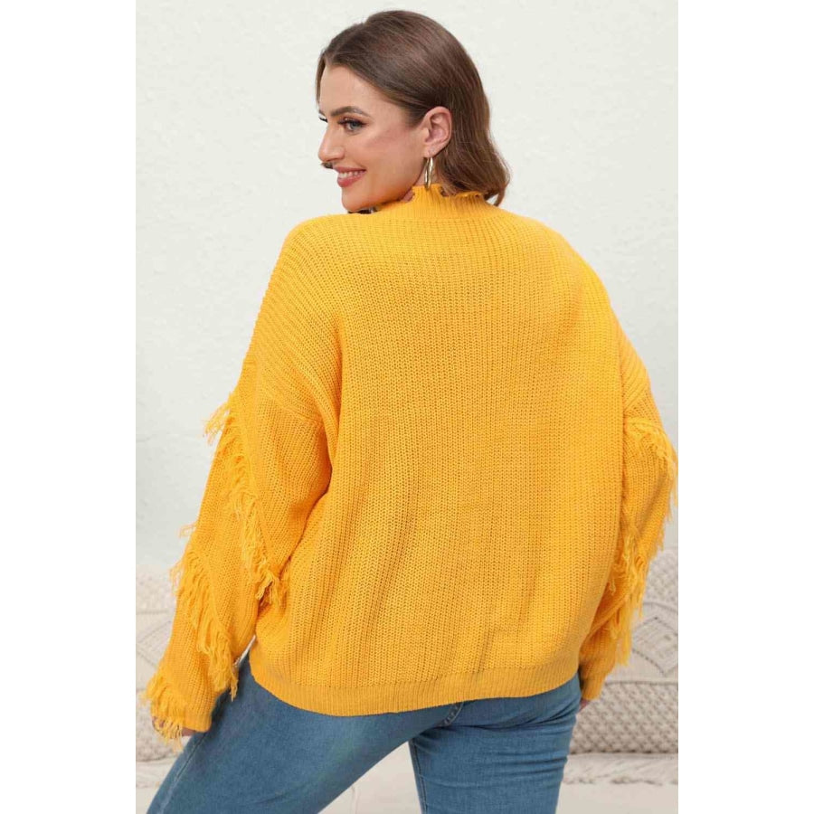 Plus Size Fringe V-Neck Long Sleeve Sweater Banana Yellow / 1XL