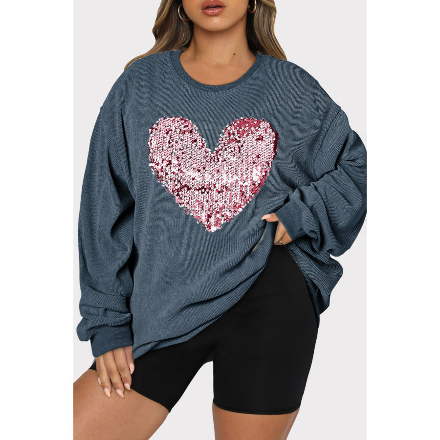 Plus Size Heart Sequin Round Neck Sweatshirt Deep Teal / 1XL Apparel and Accessories
